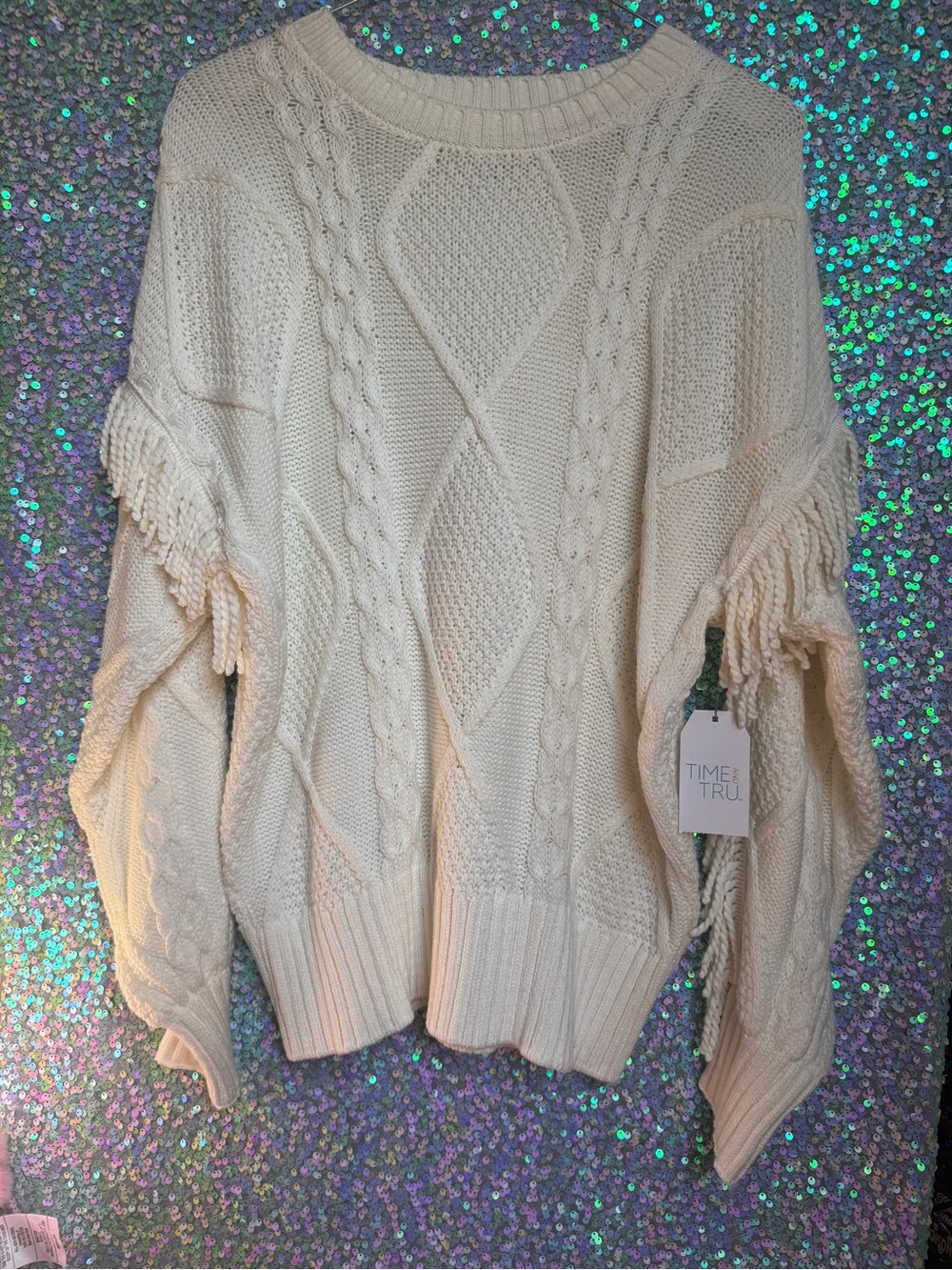 NWT Time and Tru Ivory White Cable Knit Fringe Sweater